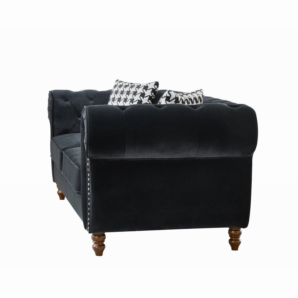 Chesterfield 3 And 2 Seater Upholstery Sofa with Roll Armrest & Nailhead Fabric Couch - Black