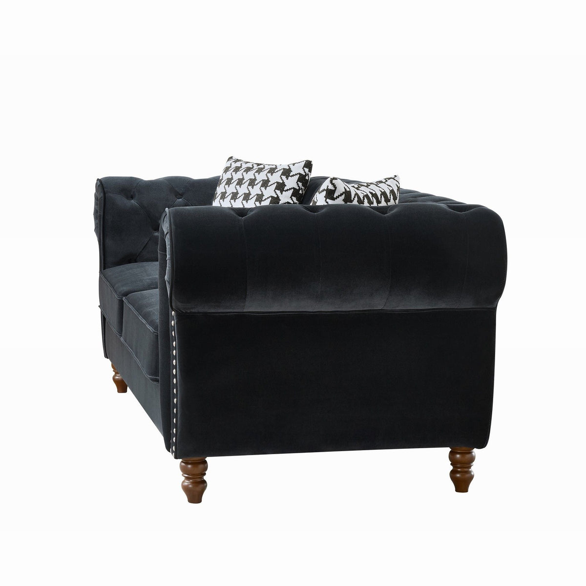 Chesterfield 3 And 2 Seater Upholstery Sofa with Roll Armrest & Nailhead Fabric Couch - Black