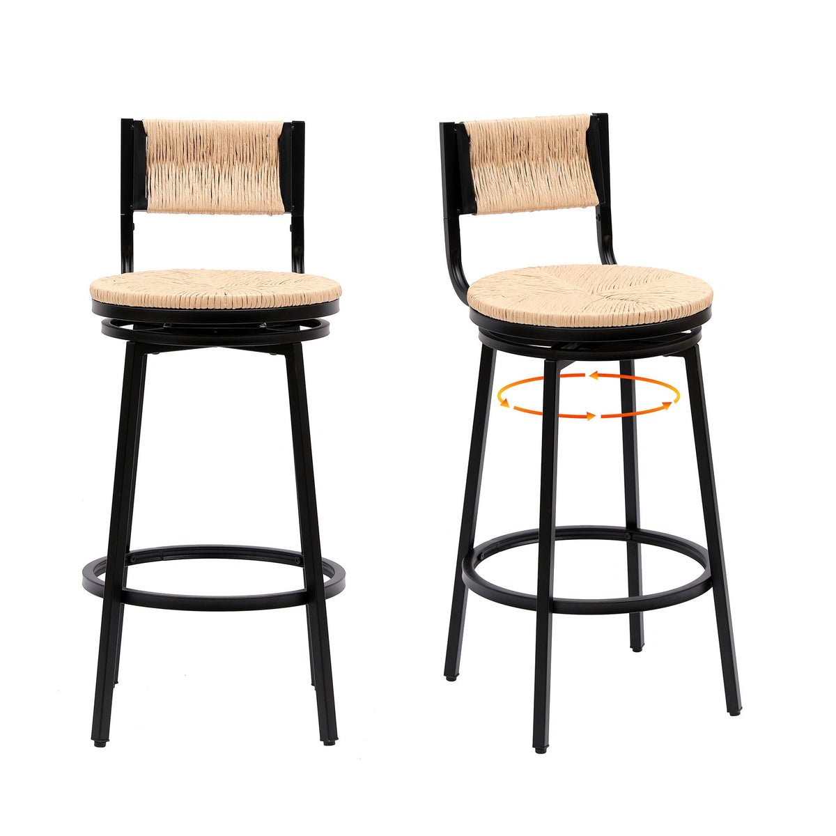 Swivel Counter Bar Stools with Full Back - Hand Woven Paper Rope, Set of 2