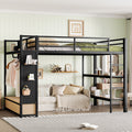 Queen Size Metal Loft Bed Frame with Wardrobe & Storage - Black