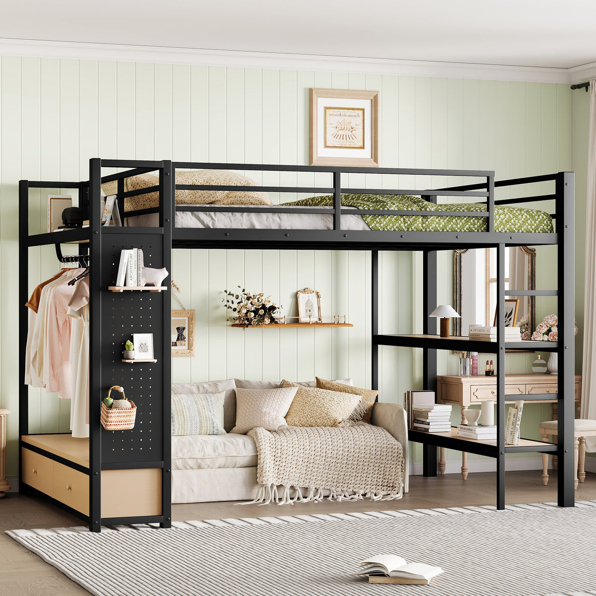 Queen Size Metal Loft Bed Frame with Wardrobe & Storage - Black