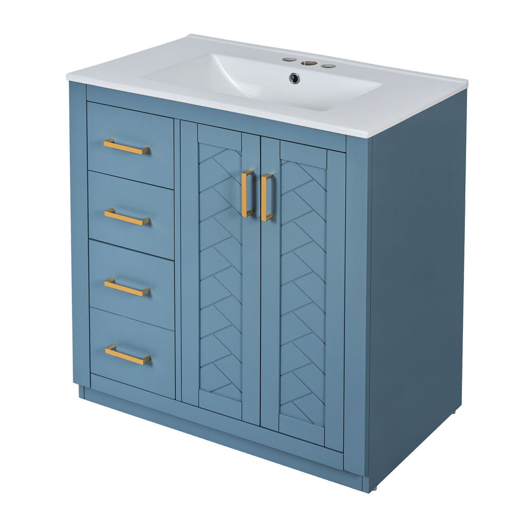 Ceramic Sink Vanity Combo with 3 Drawers and Soft Closing Doors - 30"