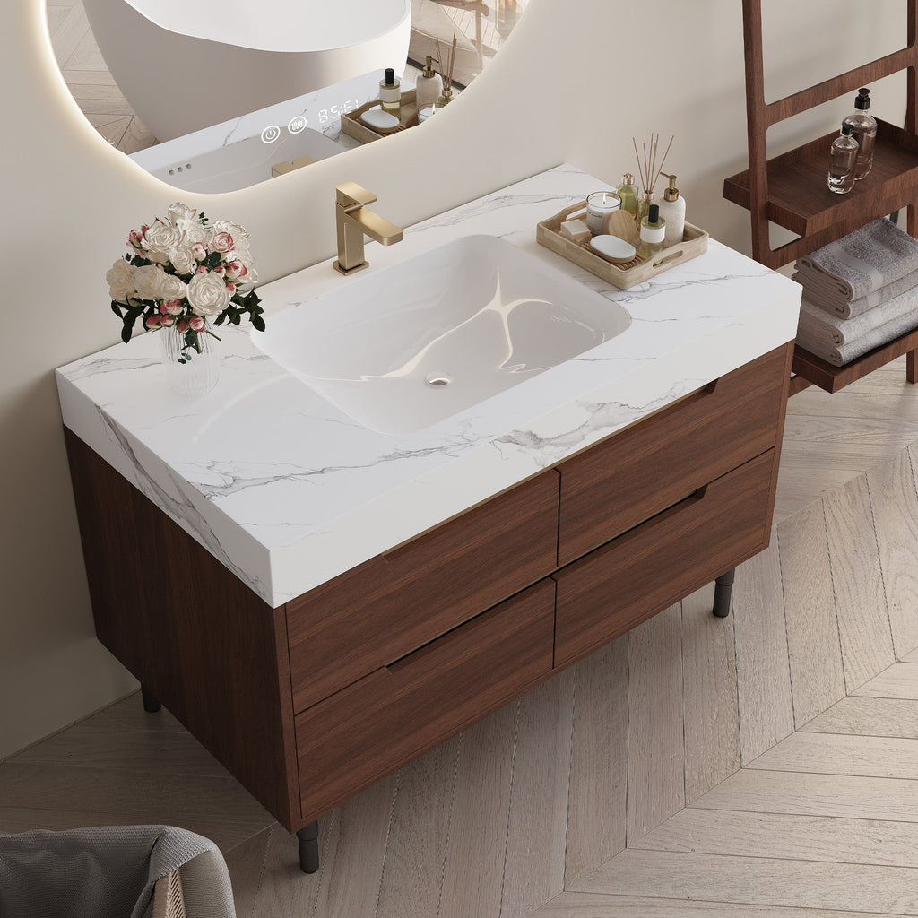 Farmhouse Sintered Stone Bathroom Vanity with Undermount Sink - Walnut, White