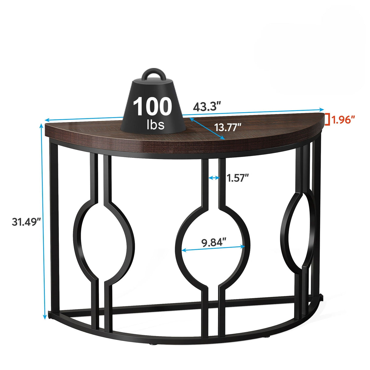 Half Moon Console Table with Geometric Metal Base - Rustic Brown