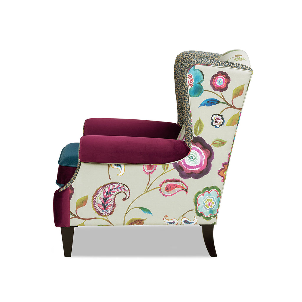 Anya Boho Chic Wingback Accent Arm Chair with Floral Print - Blue or Teal Multi