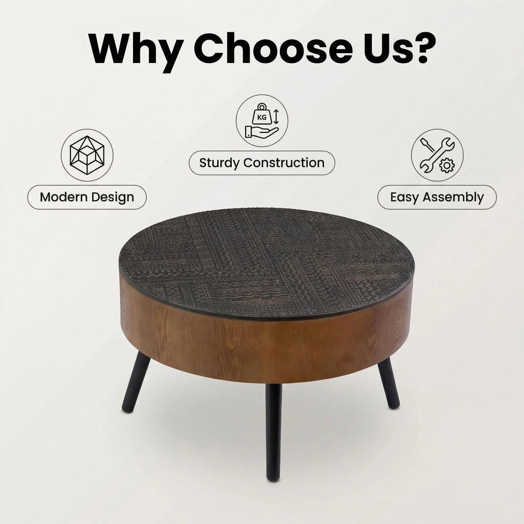 Round Coffee Table with Storage Function - Carved Wood Top - Dark Brown or Black