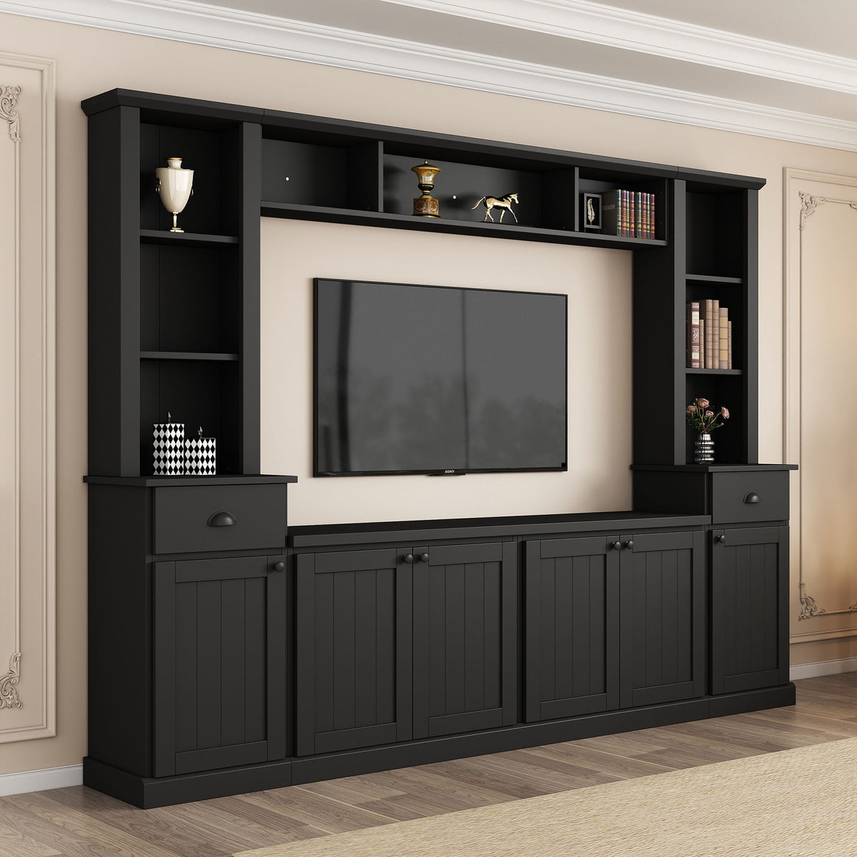 Minimalist Entertainment Wall Unit Set with Adjustable Bridge for TVs Up to 75" - White or Black