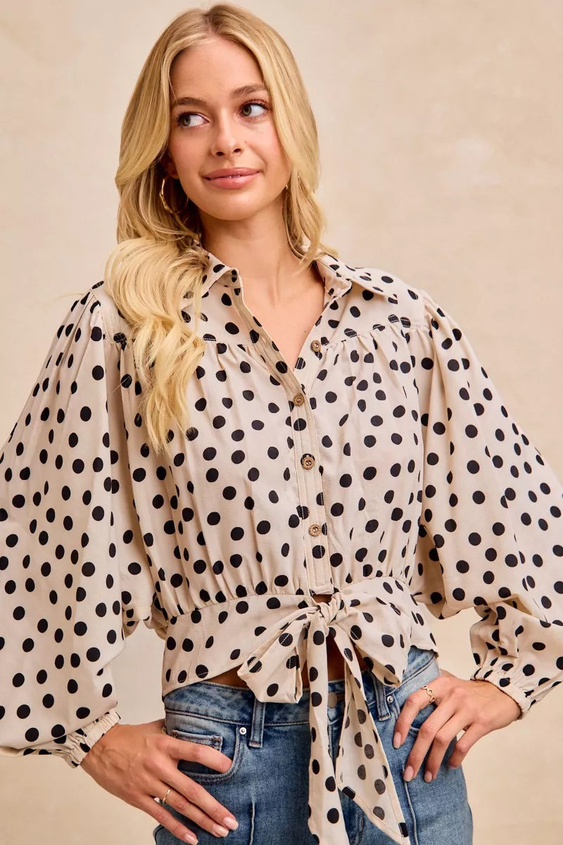 BiBi Polka Dot Print Tie Hem Detail Crop Shirt