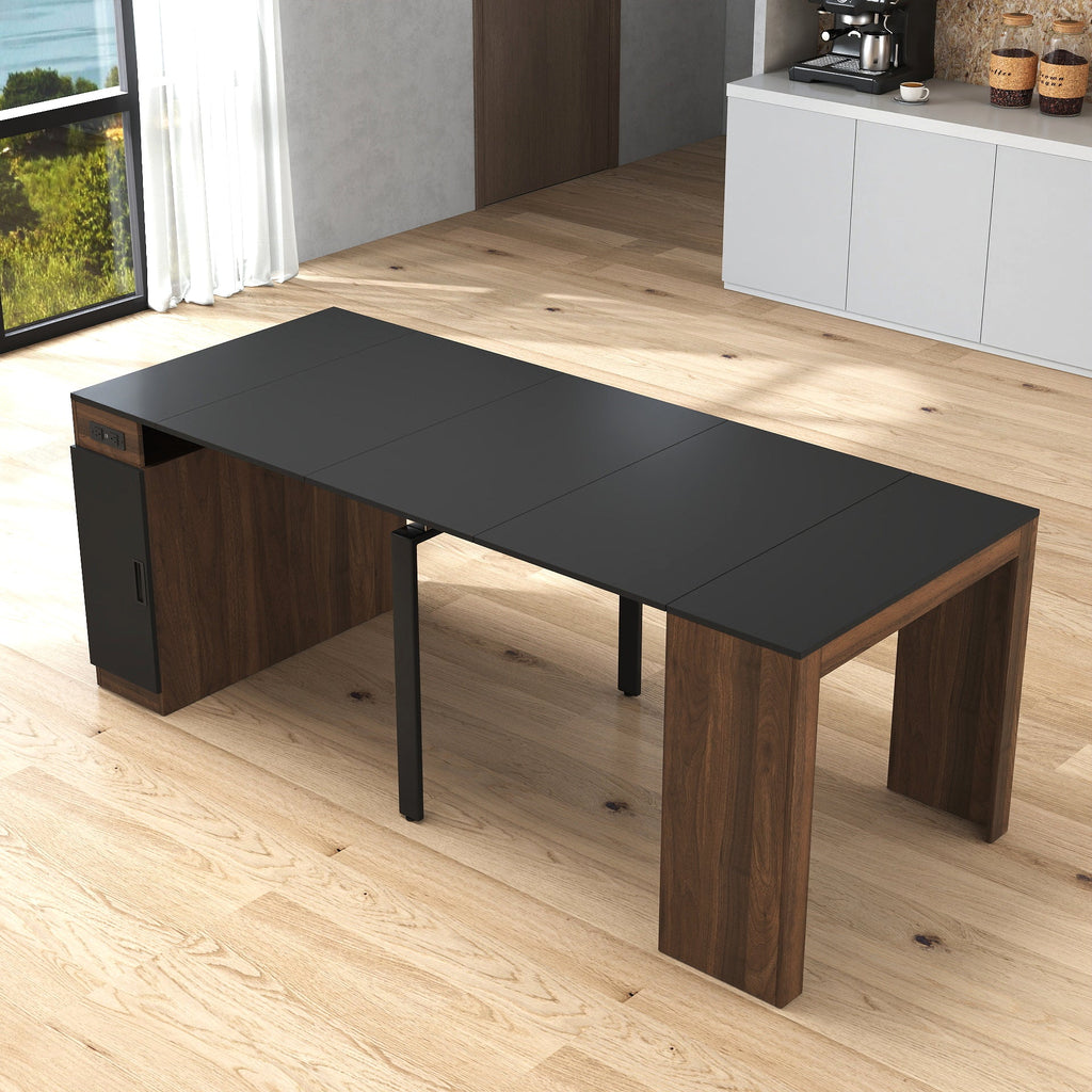 Modern Multifunctional Extendable Dining Table with Outlet - Walnut+Black or White