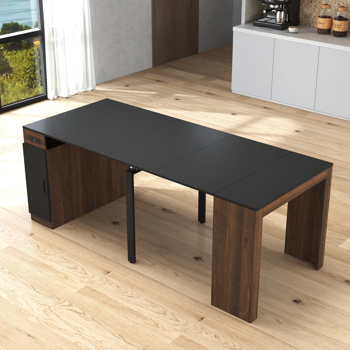 Modern Multifunctional Extendable Dining Table with Outlet - Walnut+Black or White