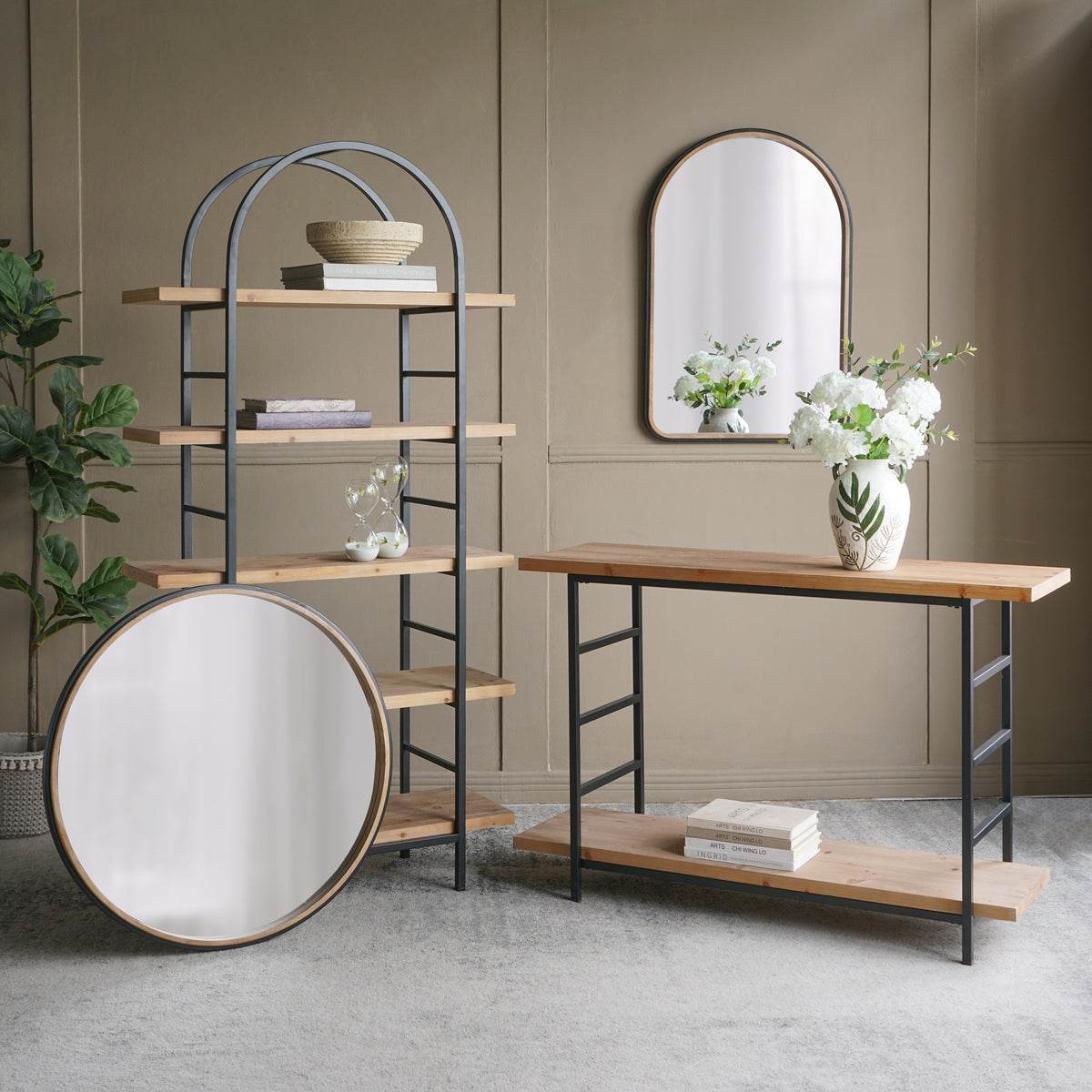 Tall Arched Wood and Iron Display Shelf with Striking Design