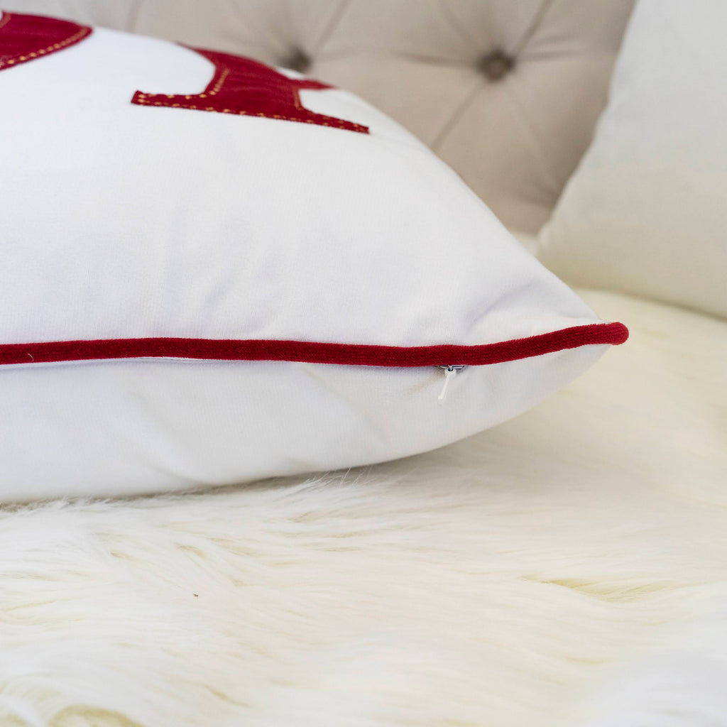 Joy Embroidered Christmas Throw Pillow with Velvet Finish - White and Red