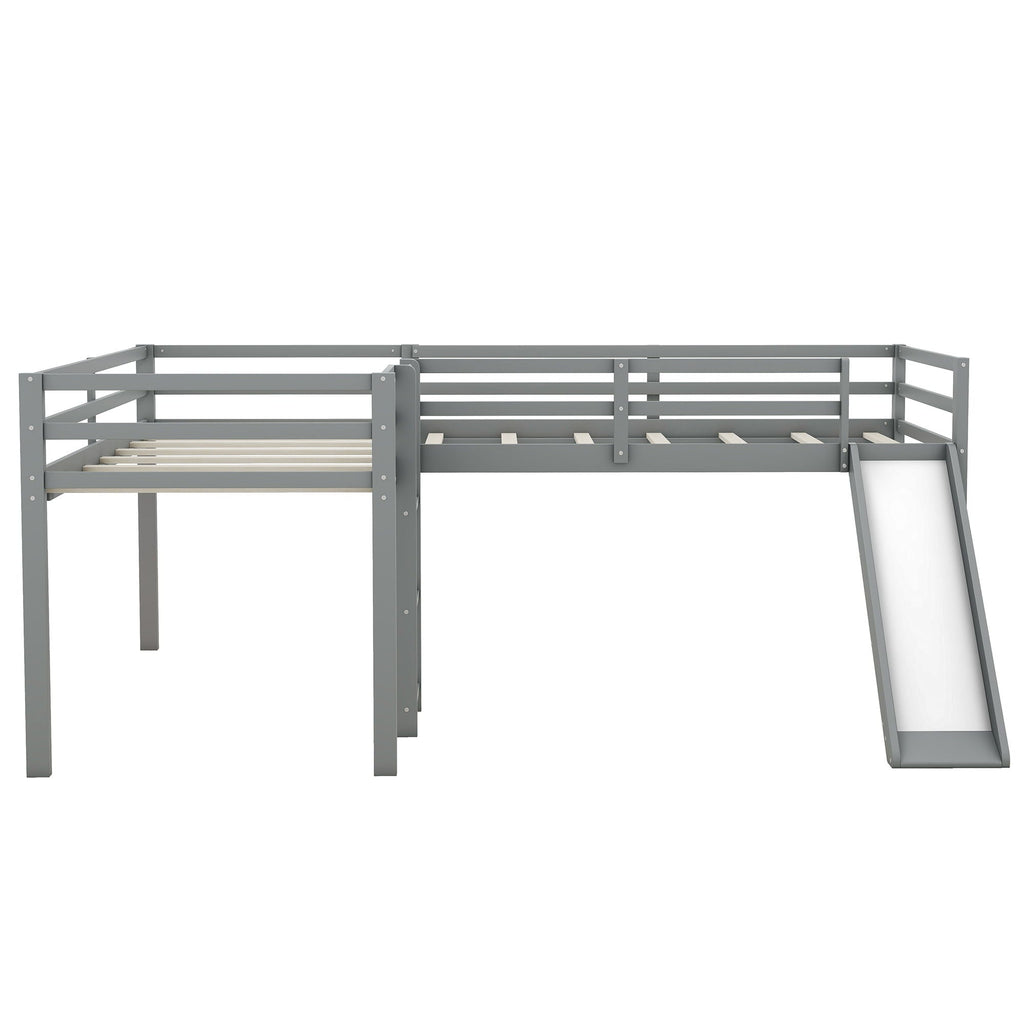 L Shaped Loft Bed with Slide and Ladder - Twin Size, Solid Wood - White or Dark Gray