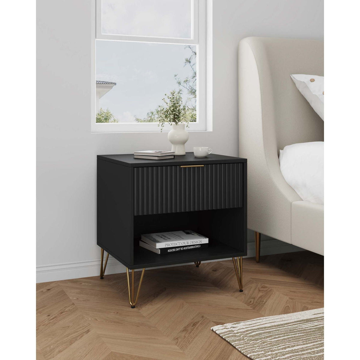 Modern Nightstand with Fluted Drawer and Metal Handles - Multiple Colors