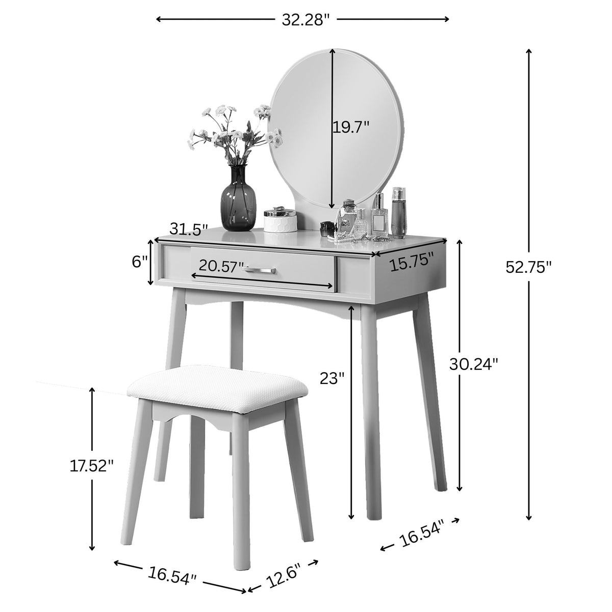 Contemporary Wood Vanity Set with Mirror and Stool - Gold