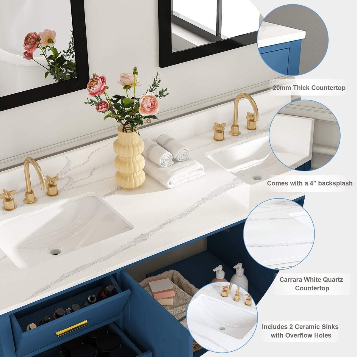 60" Solid Wood Bathroom Vanity with Double Sinks and Quartz Top - Blue