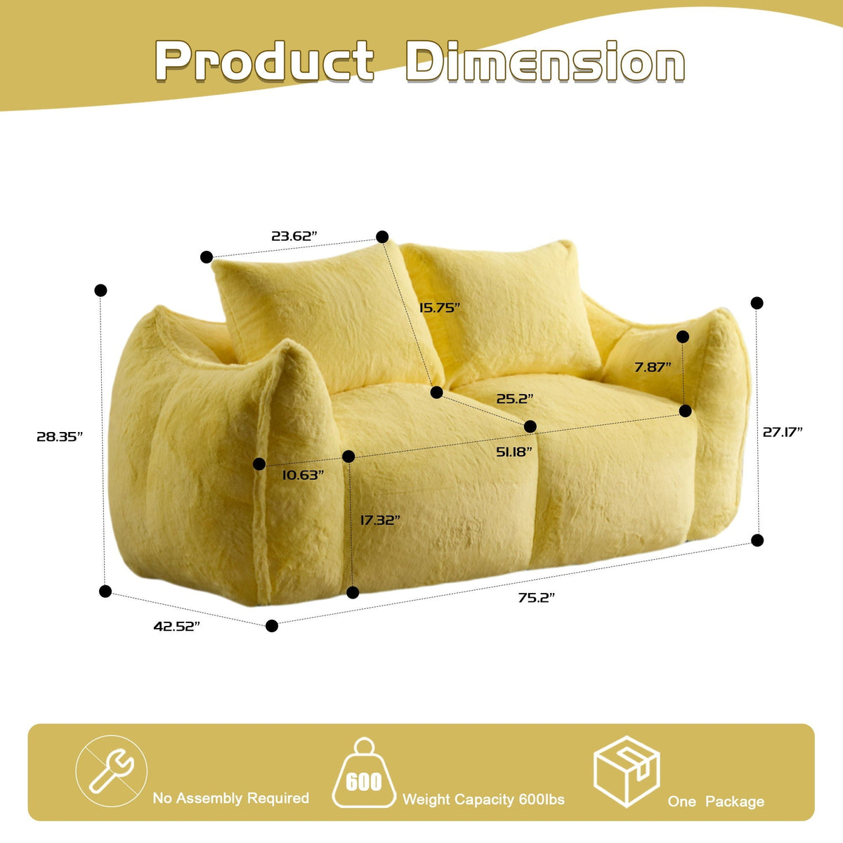 Ultra Soft Faux Fur Bean Bag Loveseat with Shredded Sponge Filling - Multiple Colors