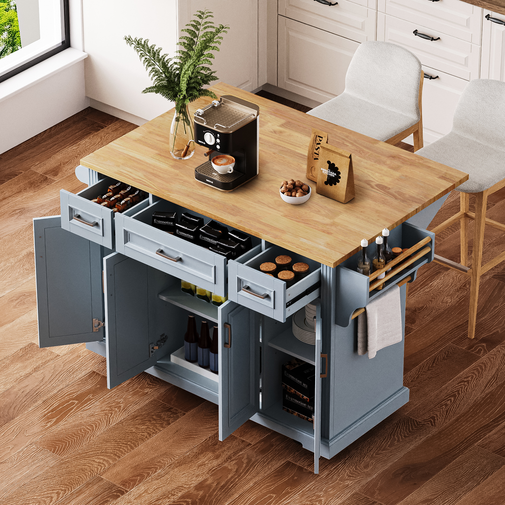 54" Large Kitchen Island with Rubber Wood Drop Leaf and Storage - Brown