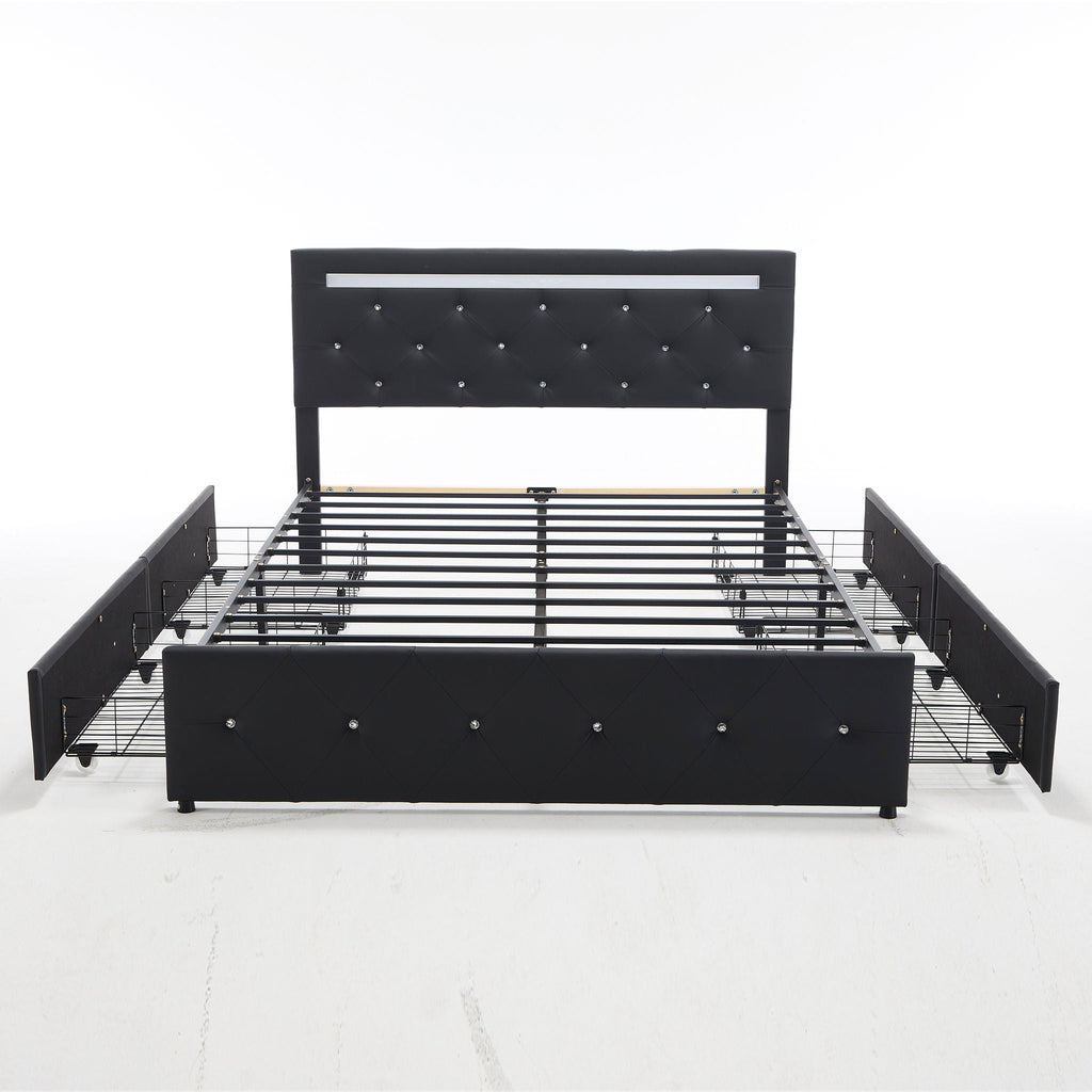 Upholstered Storage Bed Frame with LED Lights and Drawers – White or Black