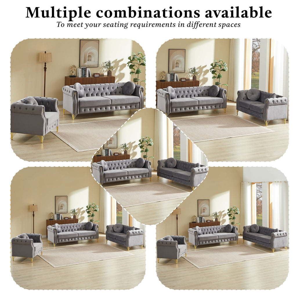 82-Inch Velvet Chesterfield Sofa with Gold Accents - Velvet