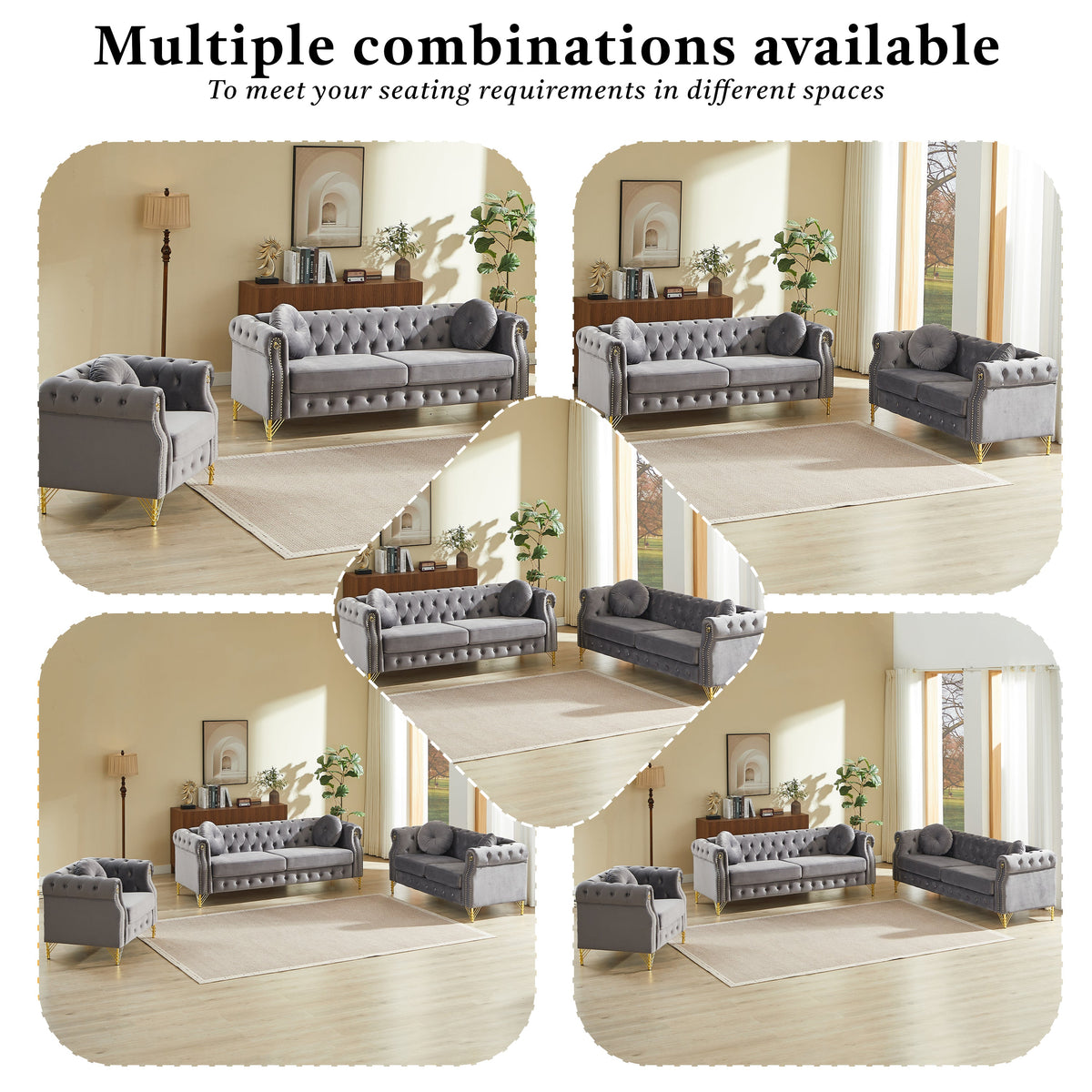 82-Inch Velvet Chesterfield Sofa with Gold Accents - Velvet