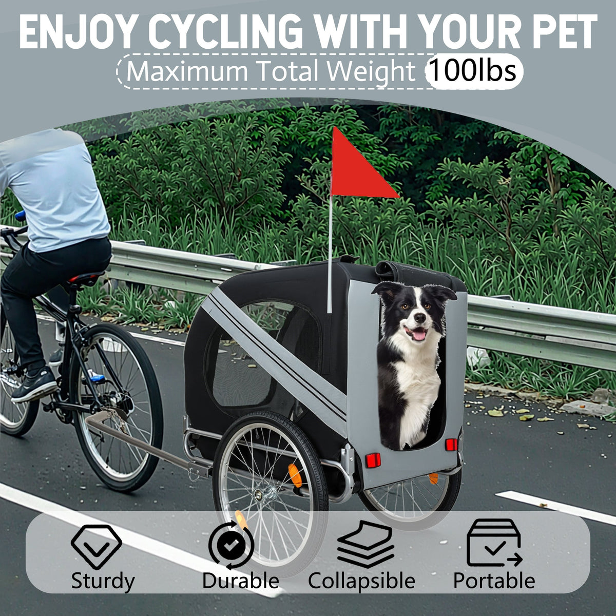 Large Folding Bike Trailer for Dogs with Steel Frame - Black+Grey or Black+Green