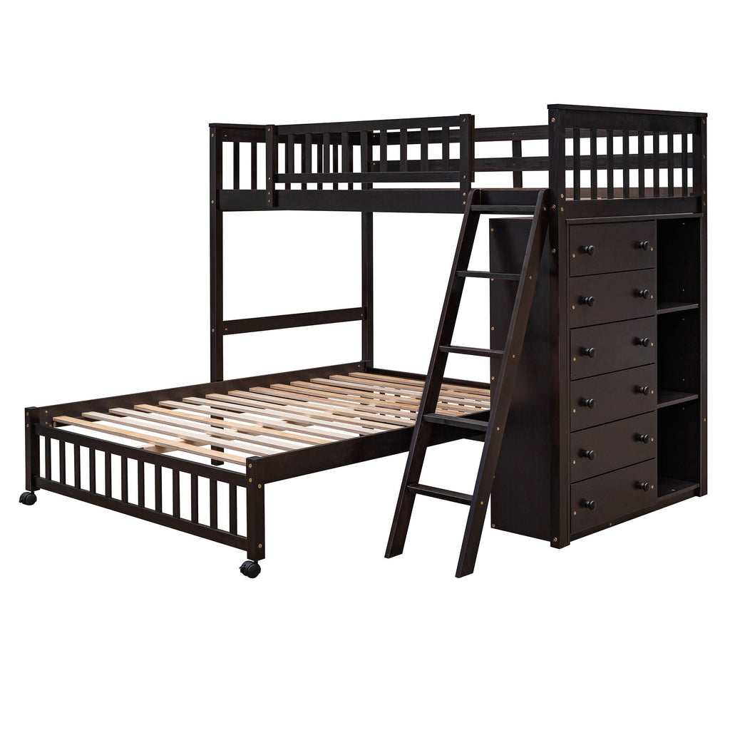 Bunk Bed With 6 Drawers And Flexible Shelves, Bottom Bed With Wheels