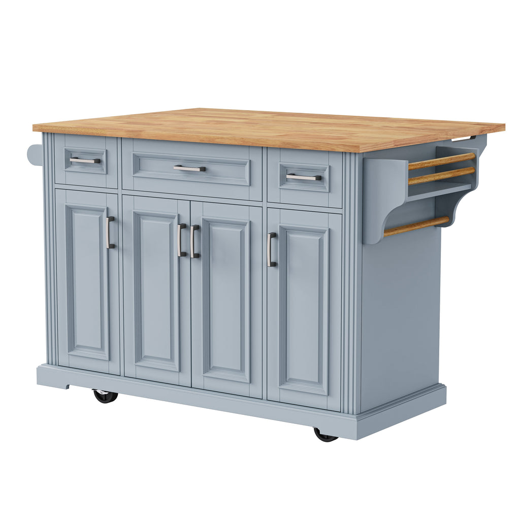 54" Large Kitchen Island with Rubber Wood Drop Leaf and Storage - Brown