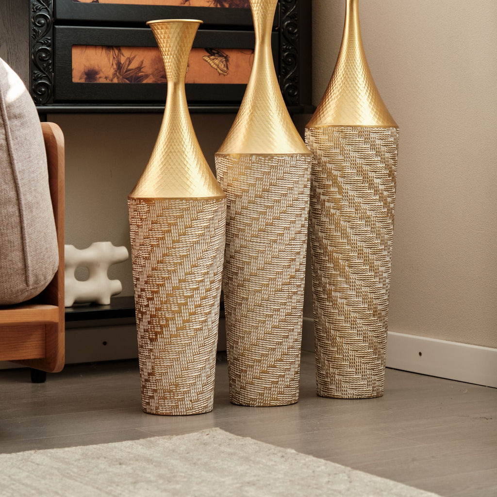 Champagne Floor Metal Vase 3-Piece Set with Woven Pattern - Modern Style
