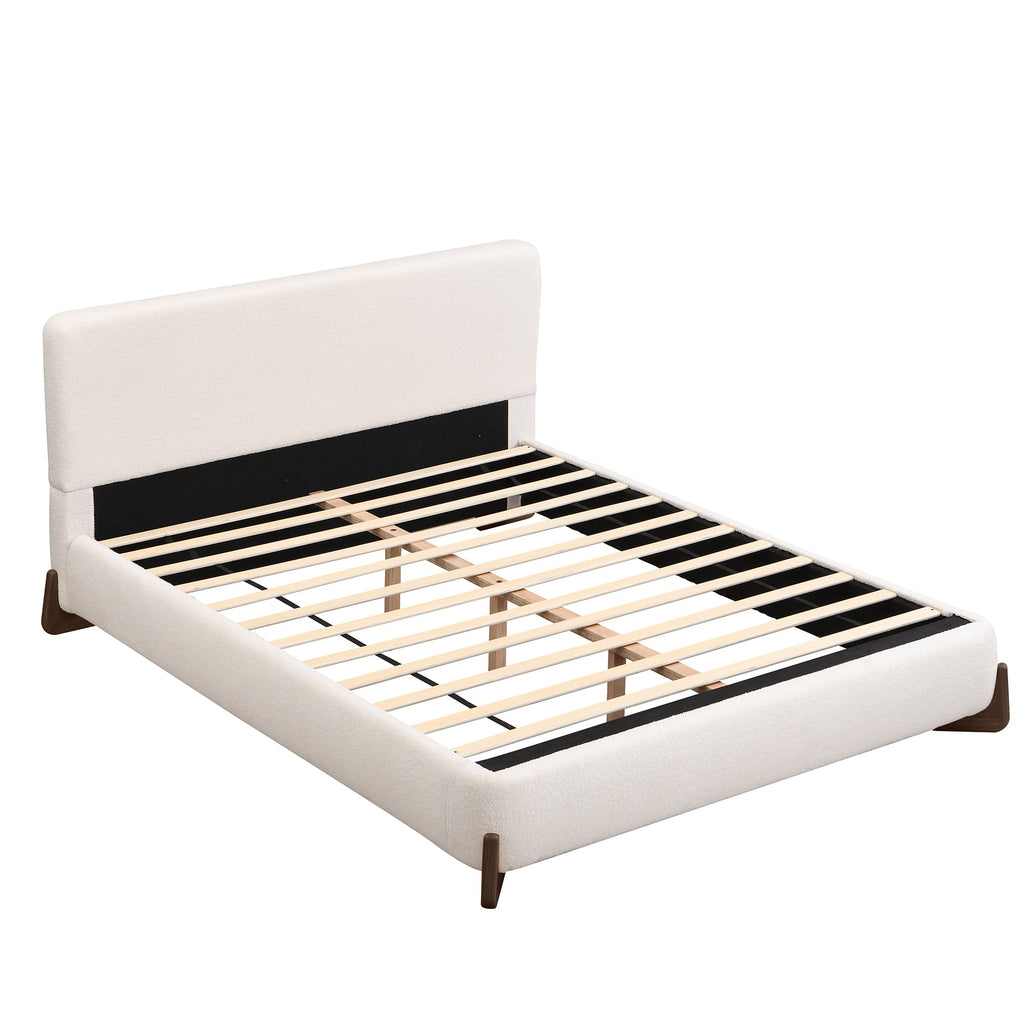 Elegant Terry Upholstered Bed with Solid Wood Legs - White