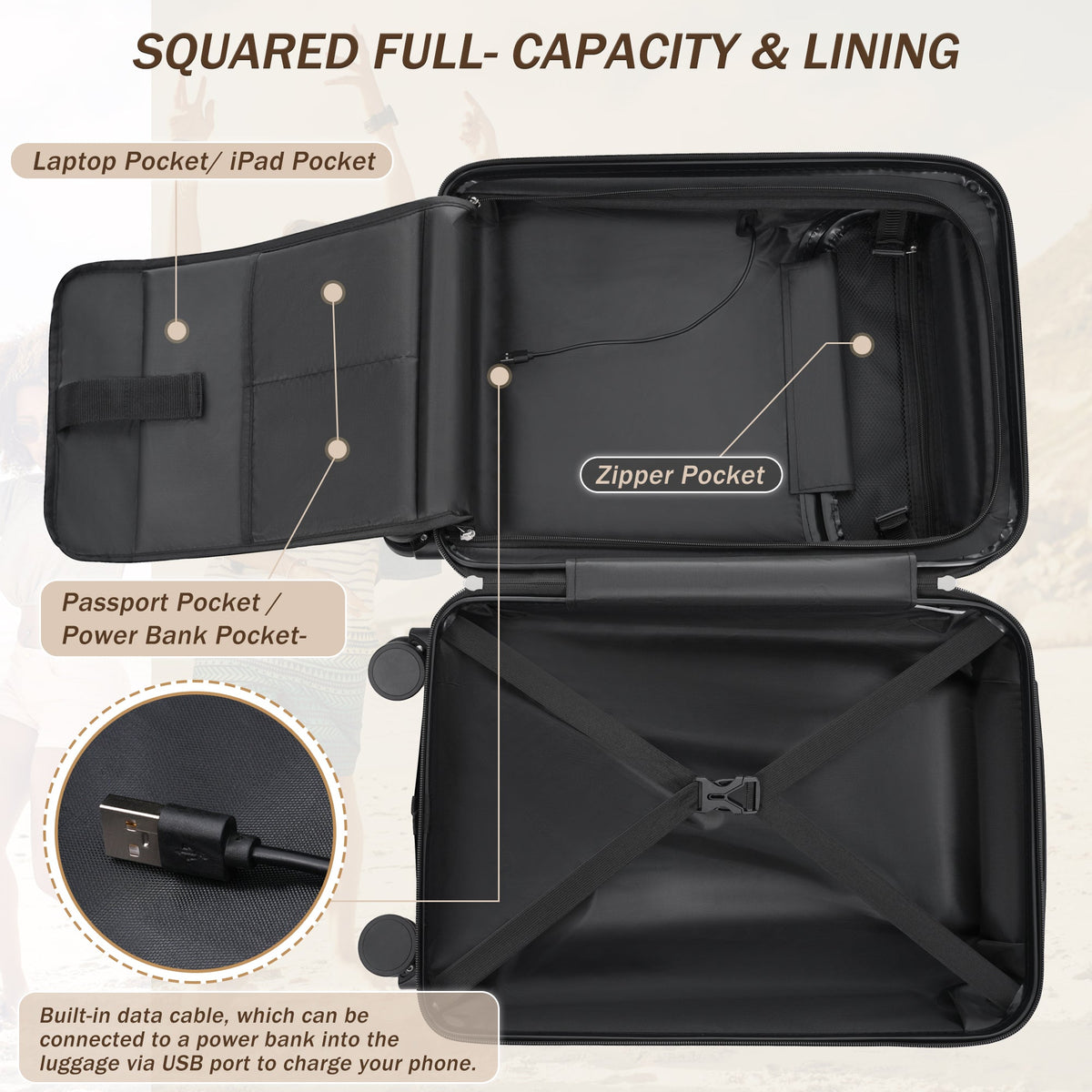 Hardside Luggage Set 5 Piece with USB Port & TSA Lock - Black