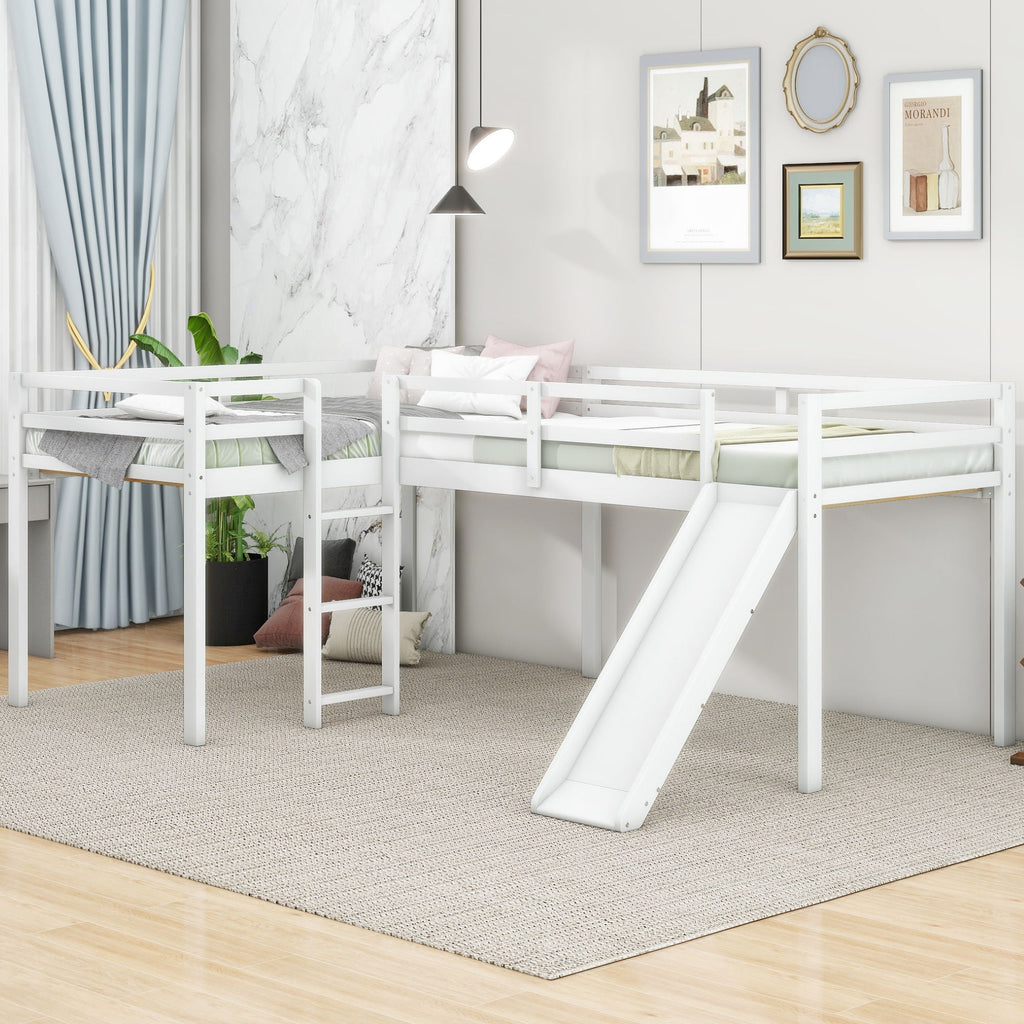 L Shaped Loft Bed with Slide and Ladder - Twin Size, Solid Wood - White or Dark Gray