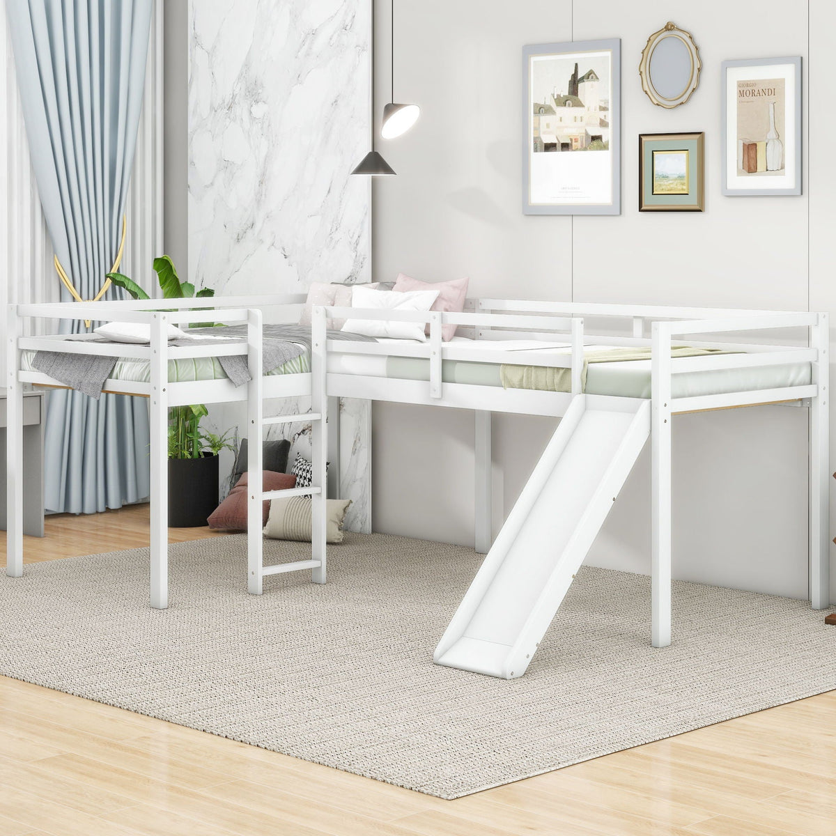 L Shaped Loft Bed with Slide and Ladder - Twin Size, Solid Wood - White or Dark Gray