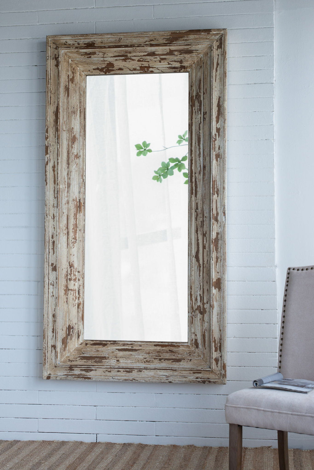 Full Length Rectangle Floor Mirror with Distressed Wood Frame - Brown