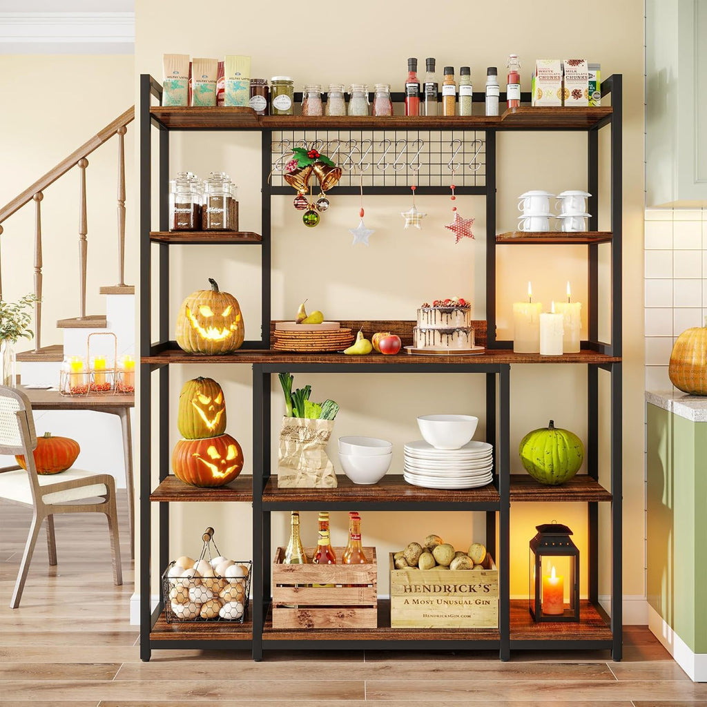 Black Baker's Rack with 5-Tier Storage and Hooks - Freestanding Kitchen Organizer