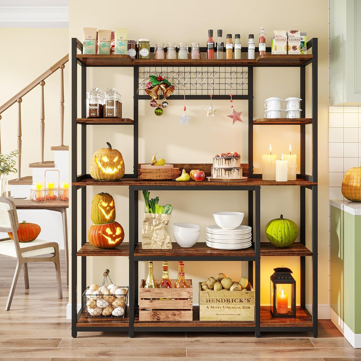 Black Baker's Rack with 5-Tier Storage and Hooks - Freestanding Kitchen Organizer