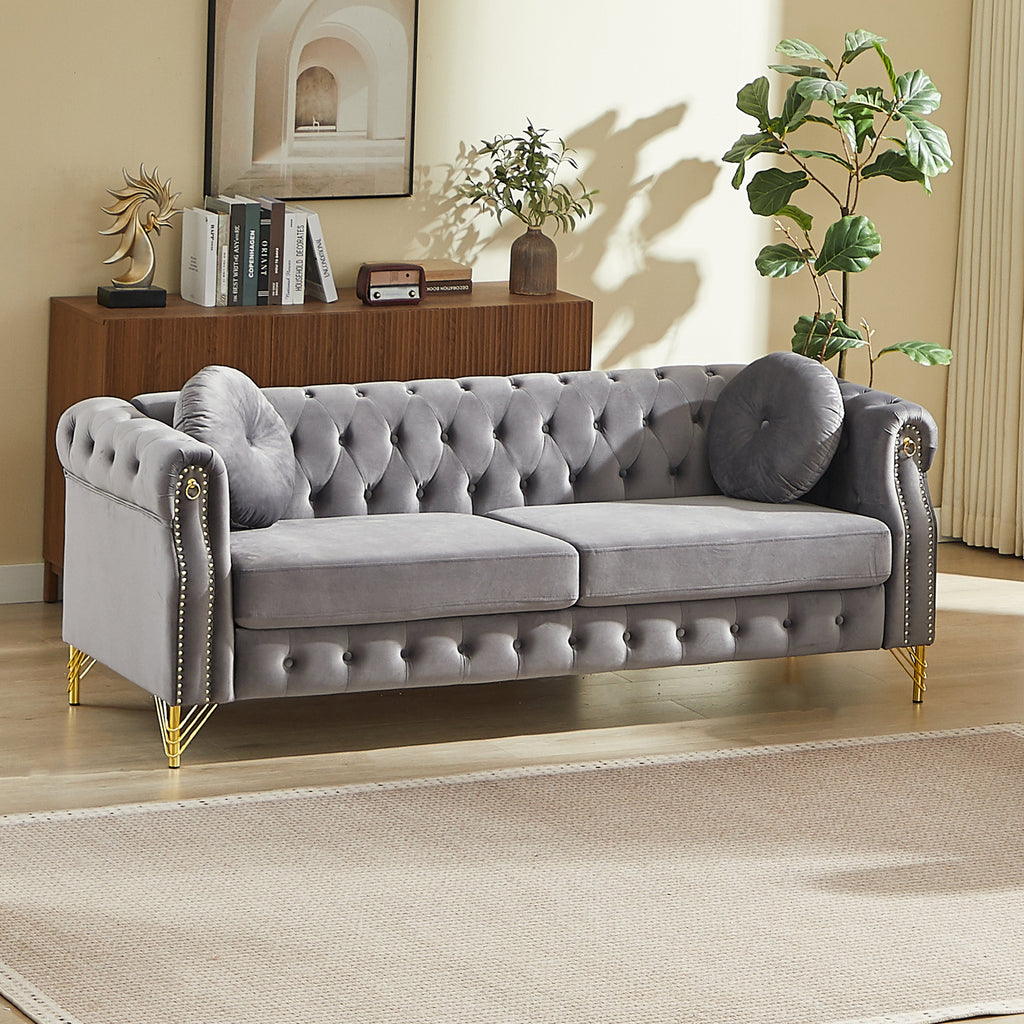 82-Inch Velvet Chesterfield Sofa with Gold Accents - Velvet