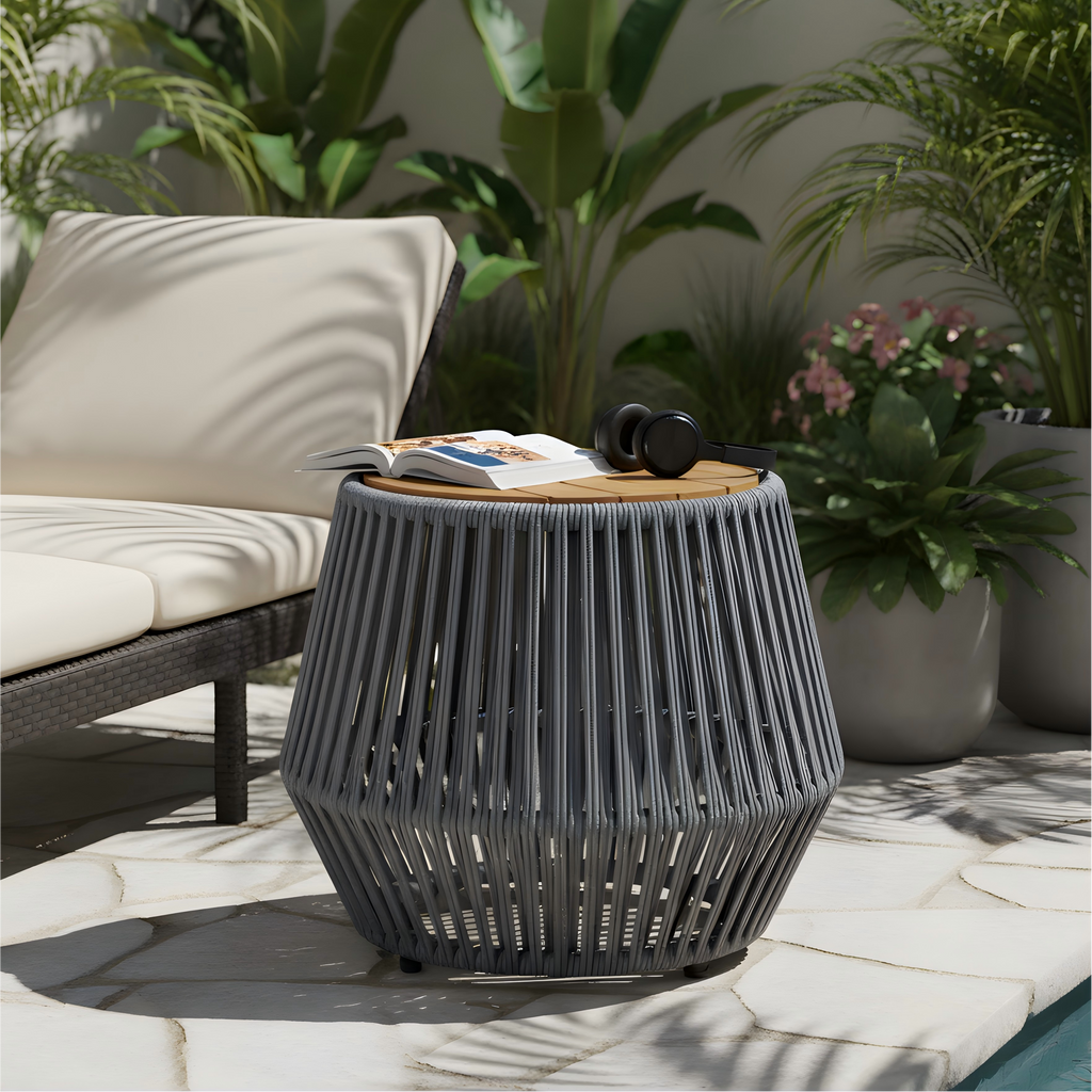 Acacia Wood Side Table with Grey Rope Design - Grey, Teak