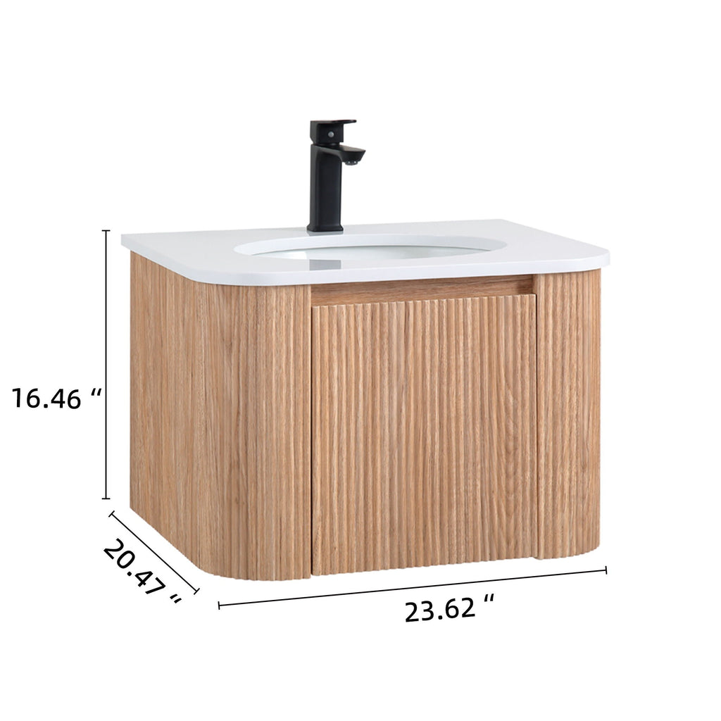 Light Brown Wall Mounted Bathroom Vanity with Sink - Curved Front