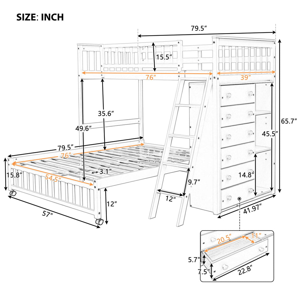 Bunk Bed With 6 Drawers And Flexible Shelves, Bottom Bed With Wheels