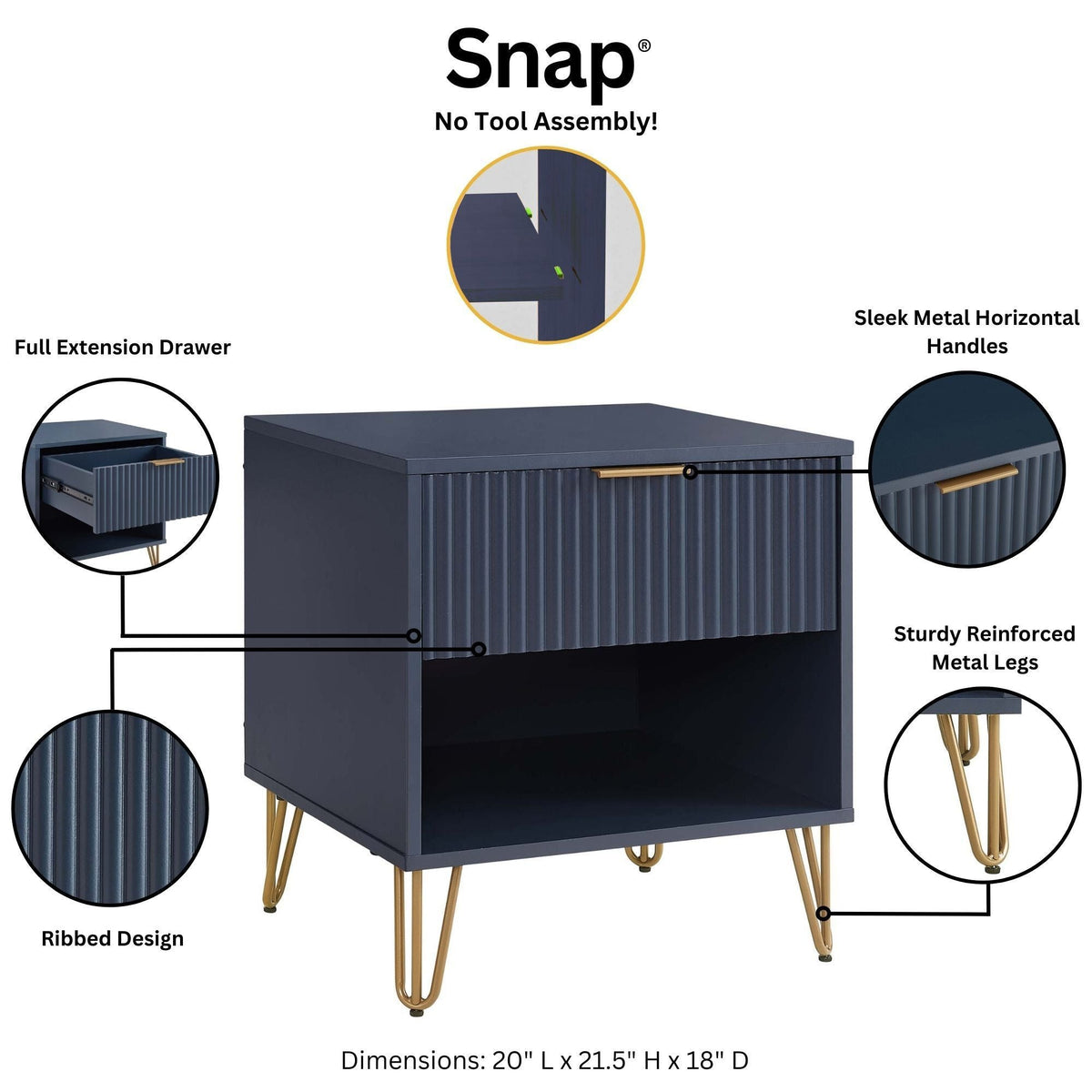 Modern Nightstand with Fluted Drawer and Metal Handles - Multiple Colors