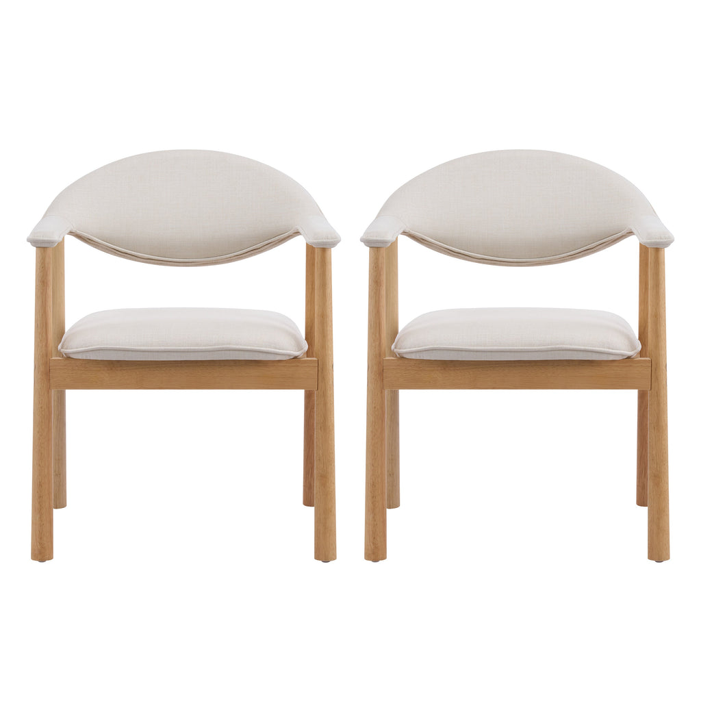 Upholstered Dining Chairs with Curved Back - Fabric and Rubber Wood - Beige or Natural