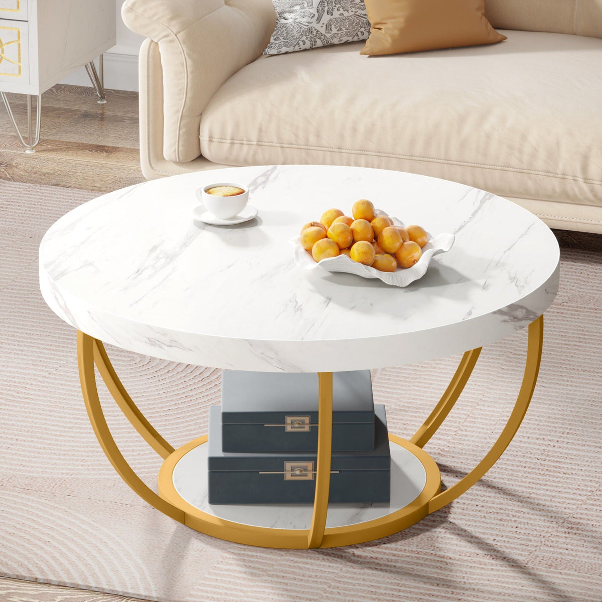 2 Tier Circle Coffee Table with Storage Shelves - White, Dark Brown, Dark Gray, Light Brown