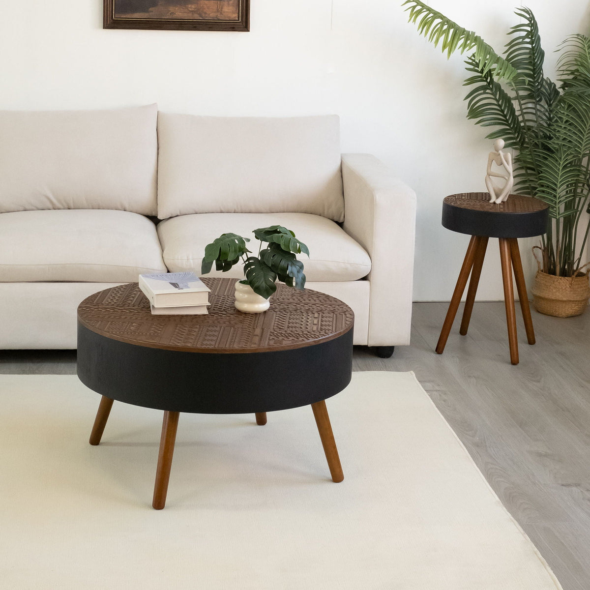 Round Coffee Table with Storage Function - Carved Wood Top - Dark Brown or Black