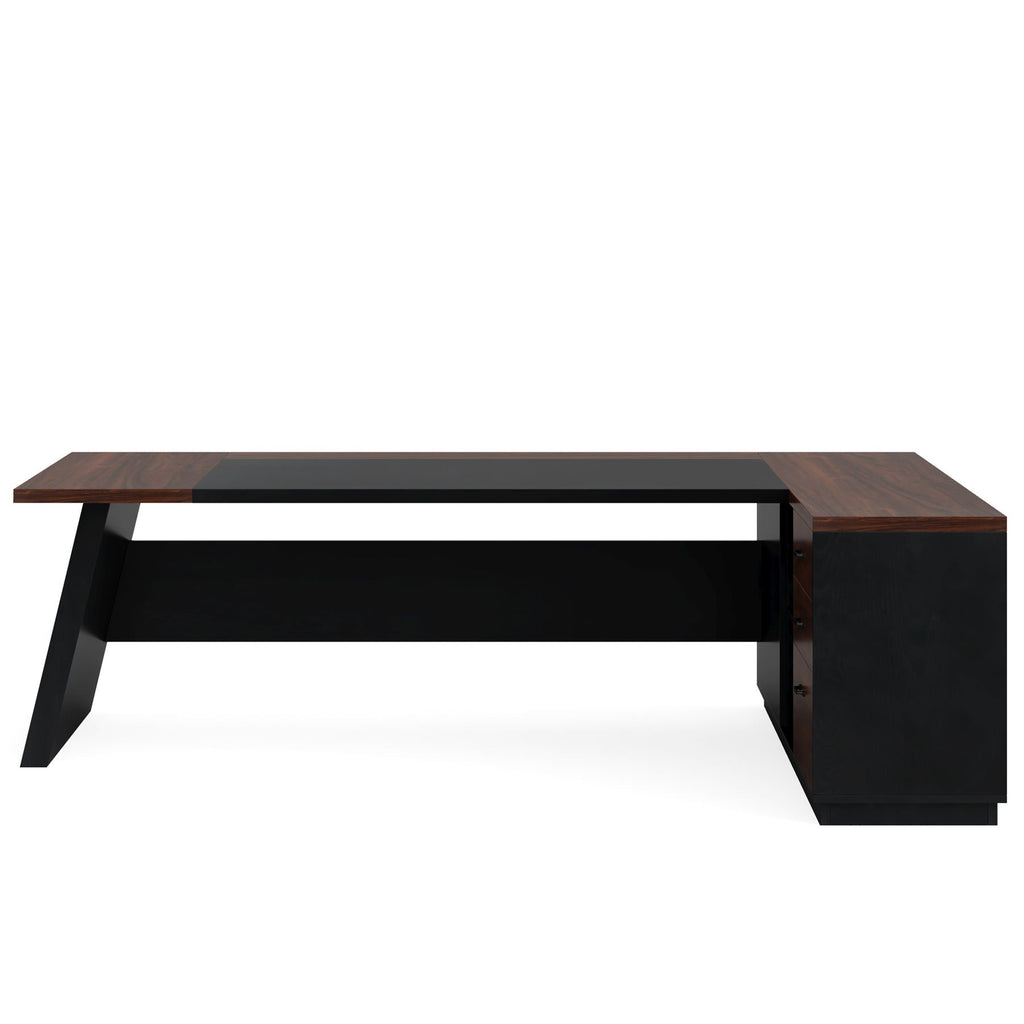 L-Shaped Executive Desk with File Cabinet and Drawers - Black