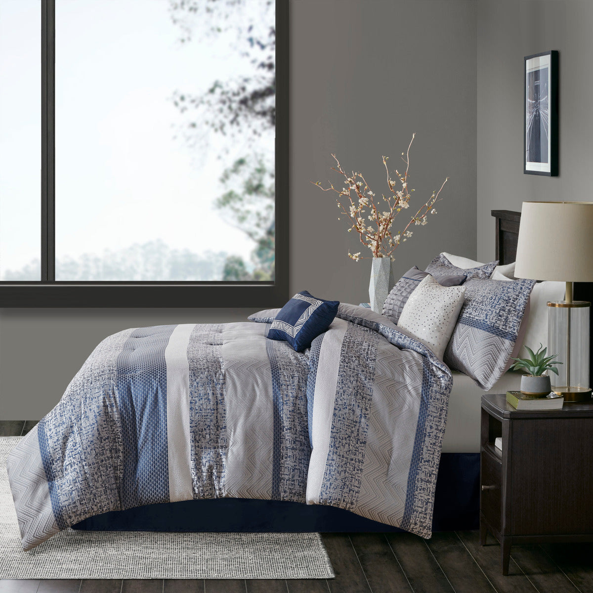 Jacquard Comforter Set 7 Piece with Decorative Pillows - Navy and Grey