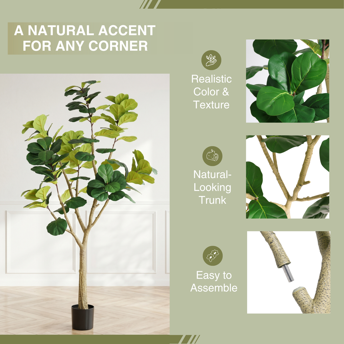 7FT Artificial Fiddle Leaf Fig Tree with Modern Black Pot - Green Leaves