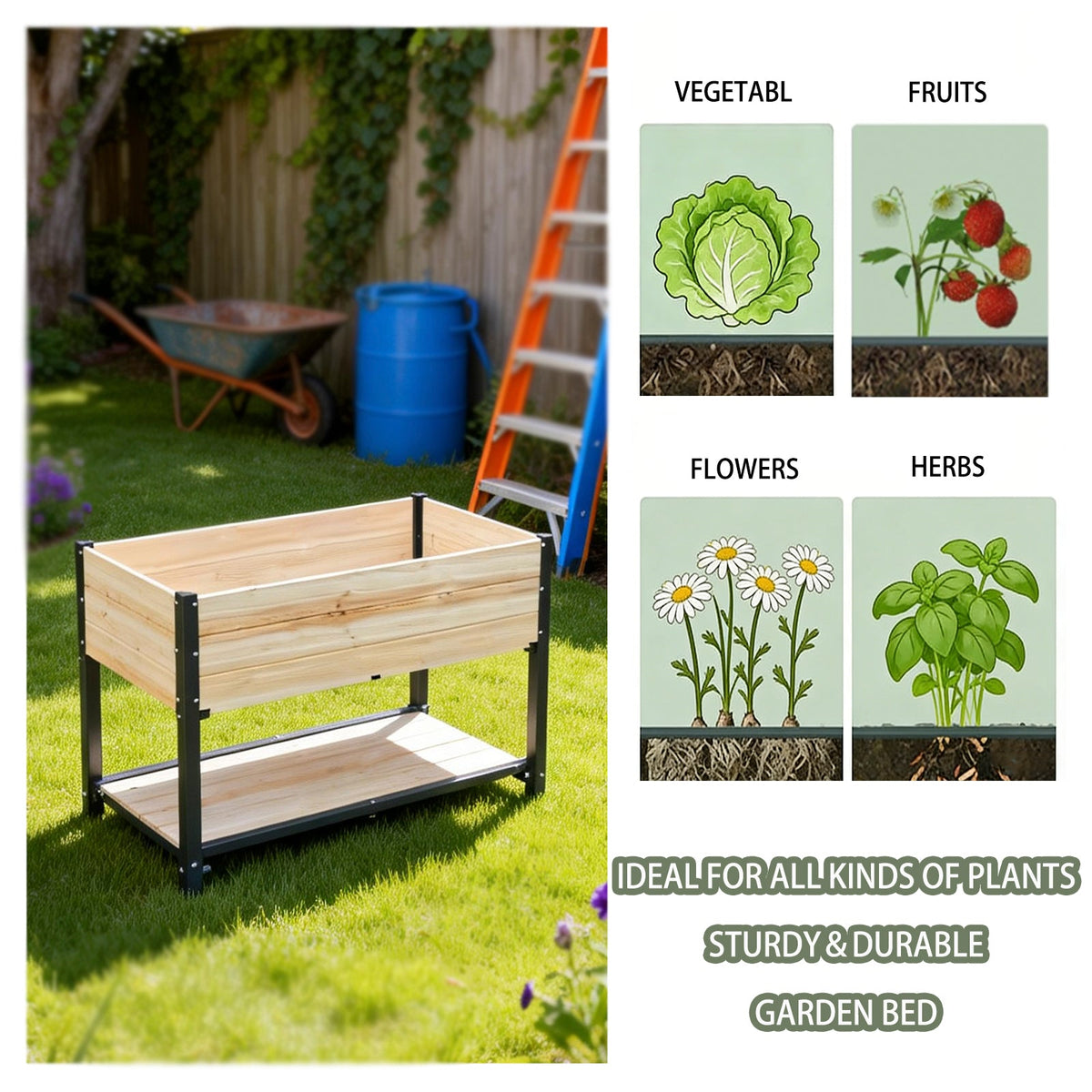 Solid Wood Raised Garden Bed with Iron Frame - Natural Wood