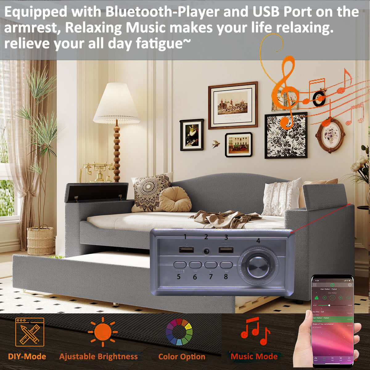 Upholstered Daybed With Storage Armrests, Trundle And Latest Integrated tooth Audio System