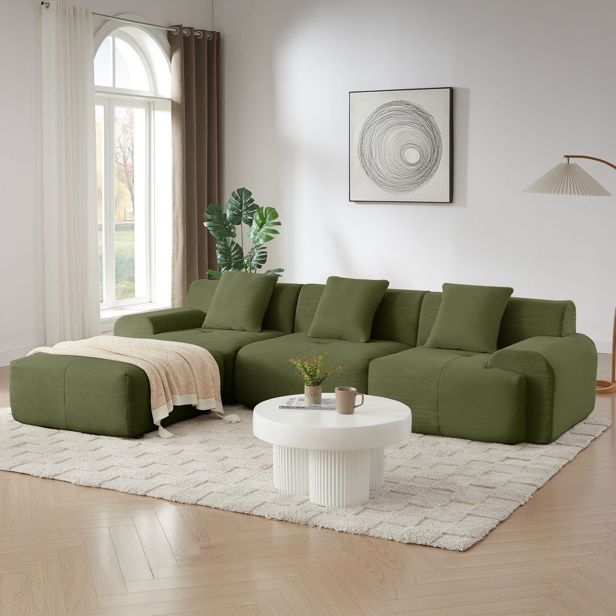 L Shaped Modular Sectional Sofa with Deep Seat and Movable Ottoman - Dark Gray or Green